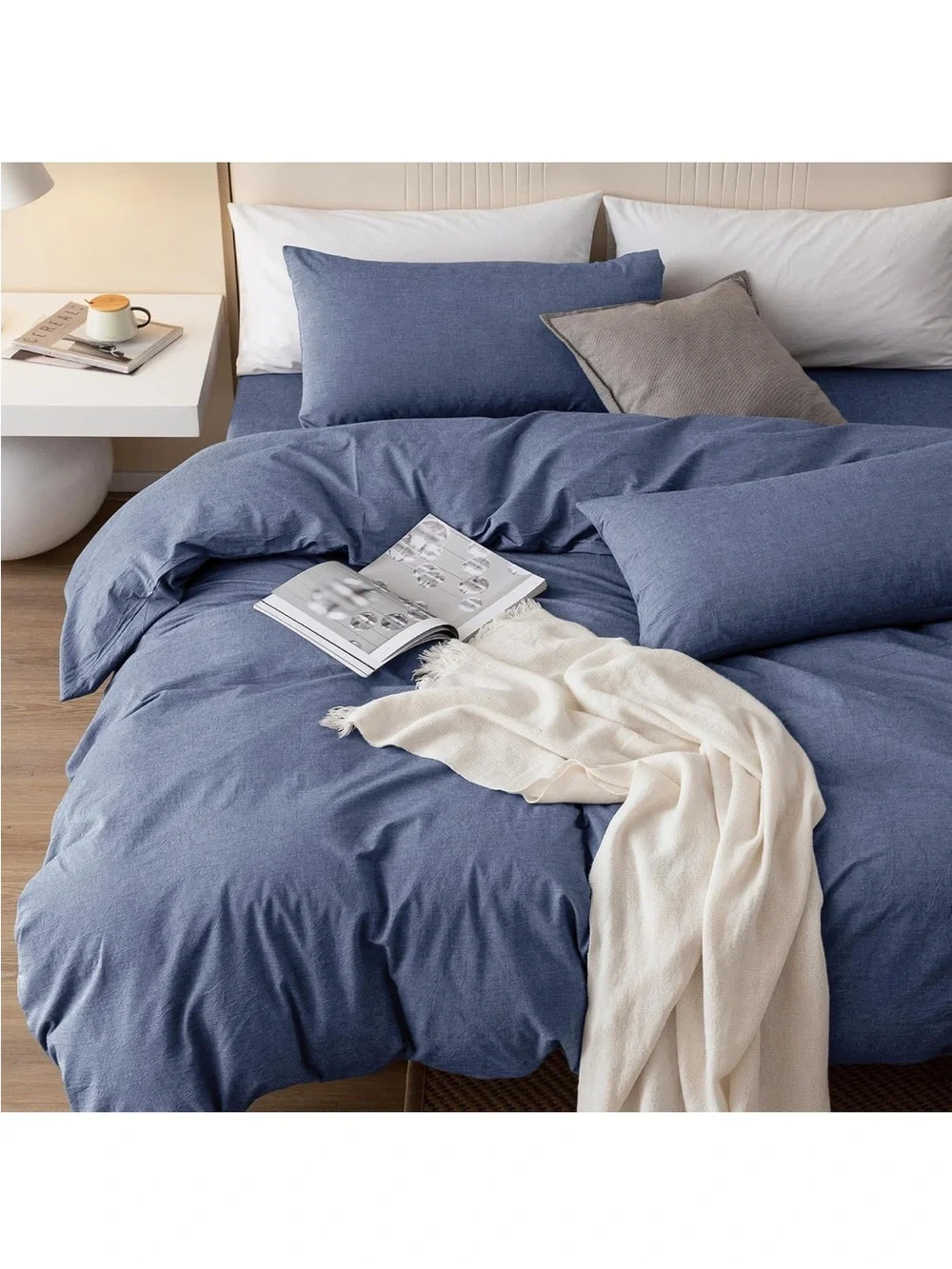 NEW JIYUAN Full Size Duvet Cover Set, 3-Piece - 100% Washed Cotton, Linen-Like